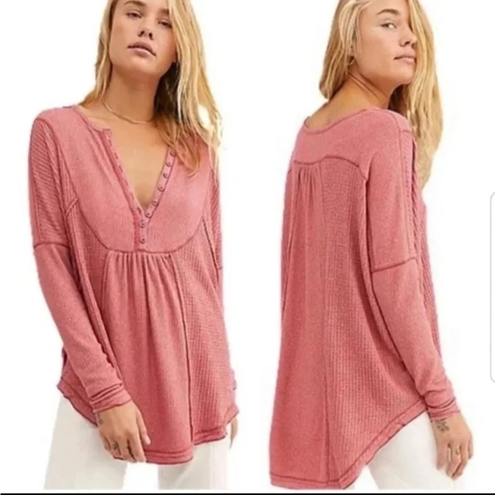 Free People Leo Henley Thermal Top | Oversized Waffle Knit Long Sleeve Size M